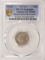 1919 10c Mercury Dime Struck 10% Off-Center PCGS AU Details
