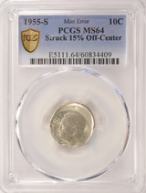 1955-S 10c Roosevelt Dime Struck 15% Off-Center PCGS MS64