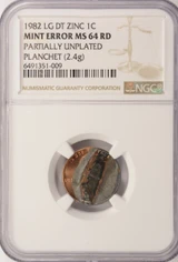 1982 lg Date 1c Lincoln Cent Partially Unplated NGC MS64 Red