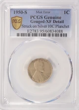1950-S 1c Wheat Cent Struck on Silver Dime Planchet PCGS XF Details