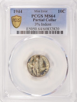 1944 10c Mercury Dime 3% Indent & Partial Collar PCGS MS64