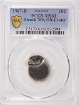 1987-D 10c Roosevelt Dime Struck 70% Off-Center PCGS MS63