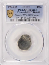 1974-D 10c Roosevelt Dime Struck 75% Off-Center PCGS UNC Details Cleaned