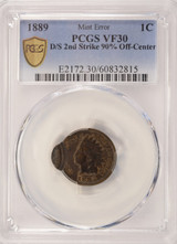 1889 1c Indian Cent Double-Struck, 2nd 90% Off-Center PCGS VF30