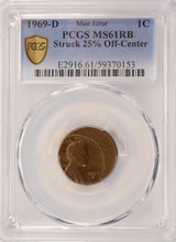 1969-D 1c Lincoln Cent Struck 25% Off-Center PCGS MS61 RB