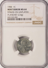 1984 1c Lincoln Cent 100% Unplated Planchet NGC MS64