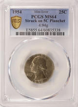 1954 25c Washington Quarter Struck on Nickel Planchet PCGS MS64