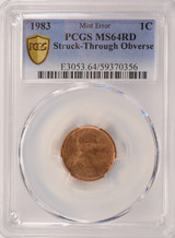 1983 1c Lincoln Cent Struck Through Obverse PCGS MS64 Red