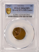 1967 1c Lincoln Cent Struck 55% Off-Center PCGS MS62 BN