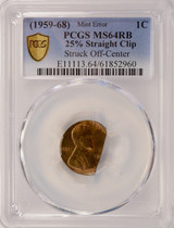 (1959-1968) 1c Lincoln Cent 25% Straight Clip & Off-Center PCGS MS64 RB