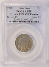 1920 5c Buffalo Nickel Struck 15% Off-Center PCGS AU58