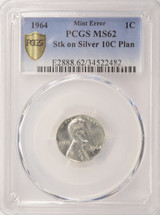 1964 1c Lincoln Cent on Silver Dime Planchet PCGS MS62 White
