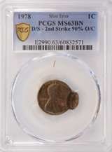 1978 1c Lincoln Cent Flipover Over Double-Struck, 2nd 90% Off-Center PCGS MS63 BN