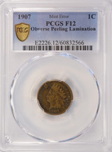 1907 1c Indian Cent Peeling Lamination Obverse PCGS F12