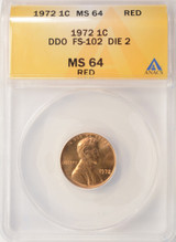 1972 1c Lincoln Cent Double Die Obverse DDO-2 FS-102 ANACS MS64 Red