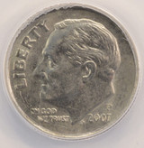 2007-P 10c Roosevelt Dime Split Die Reveres ANACS MS60
