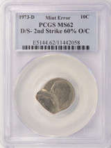 1973-D 10c Roosevelt Dime Double-Struck, 2nd 60% Off-Center Chain Strike PCGS MS62