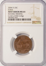2004-D 25c Iowa Quarter Reverse Missing Clad Layer NGC MS64 RB
