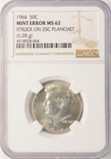 1964 50c Kennedy Half Struck on Silver Quarter Planchet NGC MS62