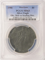 1986 $1 Silver Eagle Struck on Emory Sanding Disc PCGS MS63