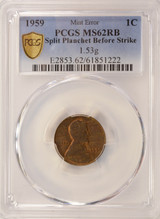 1959 1c Lincoln Cent Split Planchet Before Strike 1.53 Grams PCGS MS62 RB