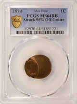 1974 1c Lincoln Cent Struck 55% Off-Center PCGS MS64 RB