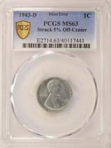 1943-D 1c Steel Cent Struck 5% Off-Center (Broadstruck) PCGS MS63