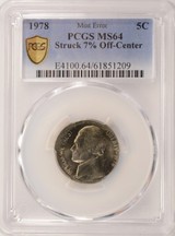 1978 5c Jefferson Nickel Struck 7% Off-Center PCGS MS64