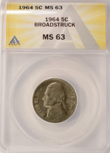 1964 5c Jefferson Nickel Large Broadstruck ANACS MS63