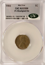 1966 1c Lincoln Cent 3% Misaligned Die CACG AU55 BN