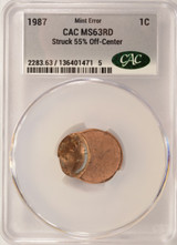1987 1c Lincoln Cent Struck 55% Off-Center CACG MS63 Red
