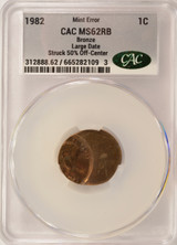 1982-X 1c Lincoln Cent Struck 50% Off-Center CACG MS62 RB