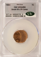 1984 1c Lincoln Cent Struck 45% Off-Center CACG MS64 Red