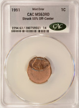 1991 1c Lincoln Cent Struck 50% Off-Center CACG MS63 Red