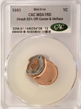 1991 1c Lincoln Cent Struck 55% Off-Center & Uniface Reverse CACG MS61 Red