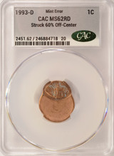 1993-D 1c Lincoln Cent Struck 60% Off-Center CACG MS62 Red