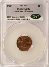 1988 1c Lincoln Cent Struck 20% Off-Center CACG MS63 Red