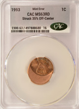 1993 1c Lincoln Cent Struck 35% Off-Center CACG MS63 Red