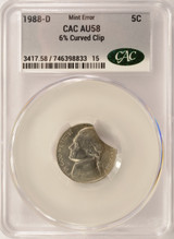 1988-D 5c Jefferson Nickel 6% Curved Clip CACG AU58