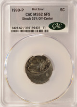 1990-P 5c Jefferson Nickel Struck 35% Off-Center CACG MS62 6FS