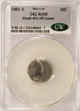 1969-D 10c Roosevelt Dime Struck 40% Off-Center CACG AU58