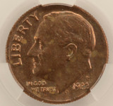 1982-P 10c Roosevelt Dime Obverse Missing Clad Layer CACG AU58