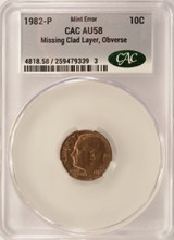 1982-P 10c Roosevelt Dime Obverse Missing Clad Layer CACG AU58
