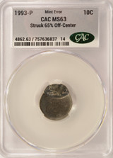 1993-P 10c Roosevelt Dime Struck 65% Off-Center CACG MS63