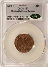 1980-P 25c Washington Quarter Reverse Missing Clad Layer CACG MS63 RB