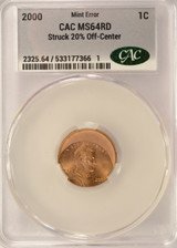 2000 1c Lincoln Cent Struck 20% Off-Center CACG MS64 Red