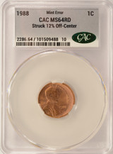 1988 1c Lincoln Cent Struck 12% Off-Center CACG MS64 Red