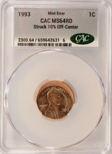 1993 1c Lincoln Cent Struck 10% Off-Center CACG MS64 Red