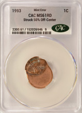 1993 1c Lincoln Cent Struck 50% Off-Center CACG MS61 Red