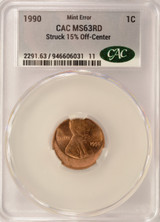 1990 1c Lincoln Cent Struck 15% Off-Center CACG MS63 Red